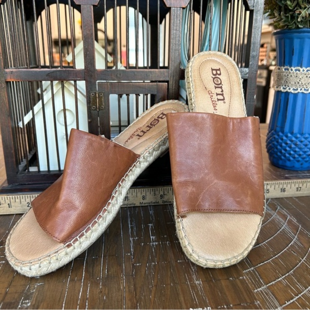 Born Women's Brown leather Slide espadrille Sandals 9